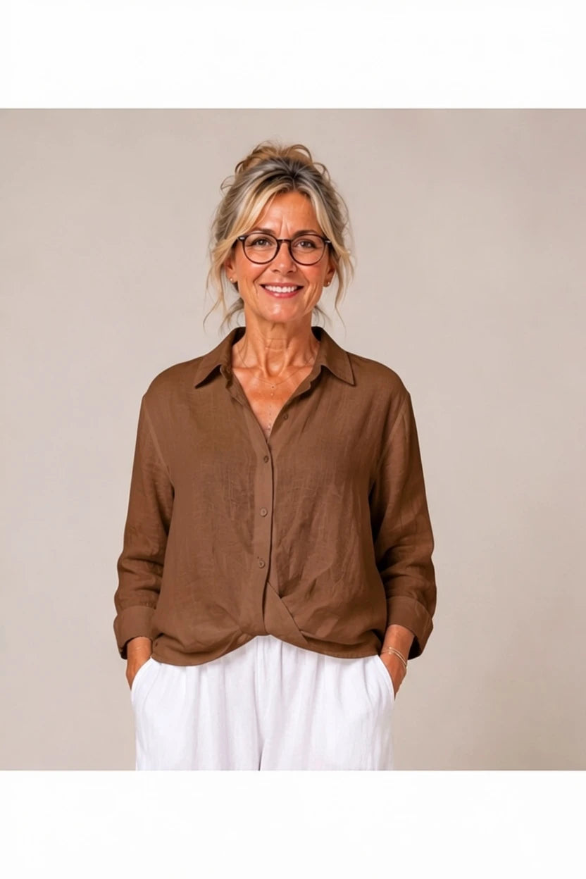 BB Style - Linnen  korte "Cross over" blouse - Chocoladebruin
