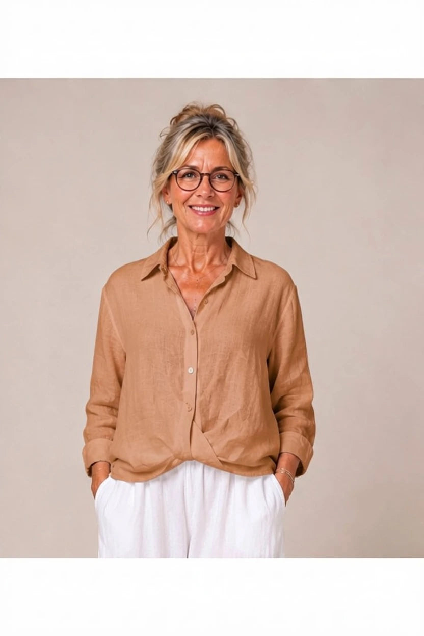 BB Style - Linnen  korte "Cross over" blouse - Lichtbruin
