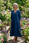 BB Style - Linnen jurk V hals lang mouwen - Donkerblauw