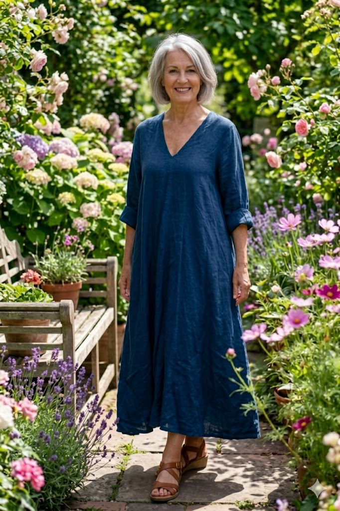 BB Style - Linnen jurk V hals lang mouwen - Donkerblauw