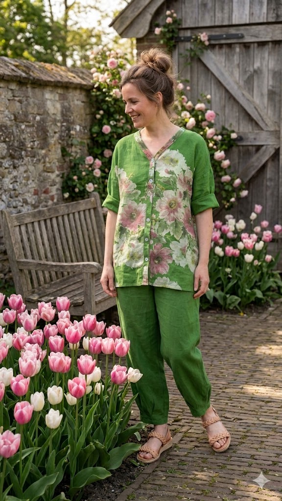 BB Style - Linnen blouse bloem - Groen