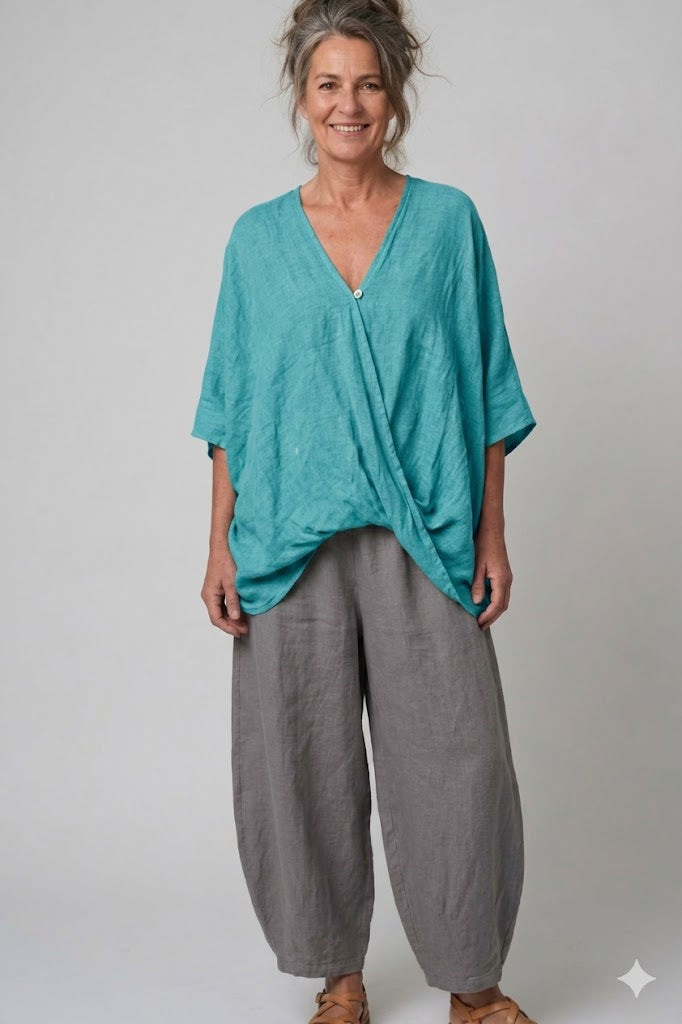 BB Style - Oversized Linnen "Cross over" blouse - Petrol/Turkoois