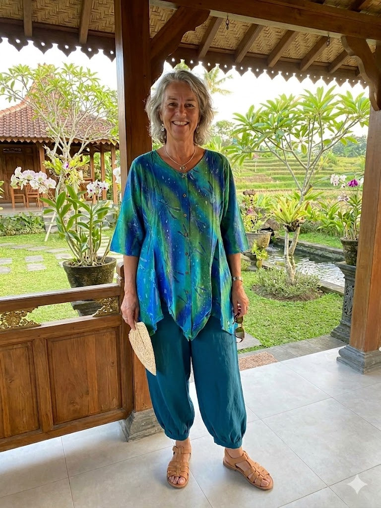 Normal Crazy - Blouse Dini korte mouw - Batik Libelle Green/blue