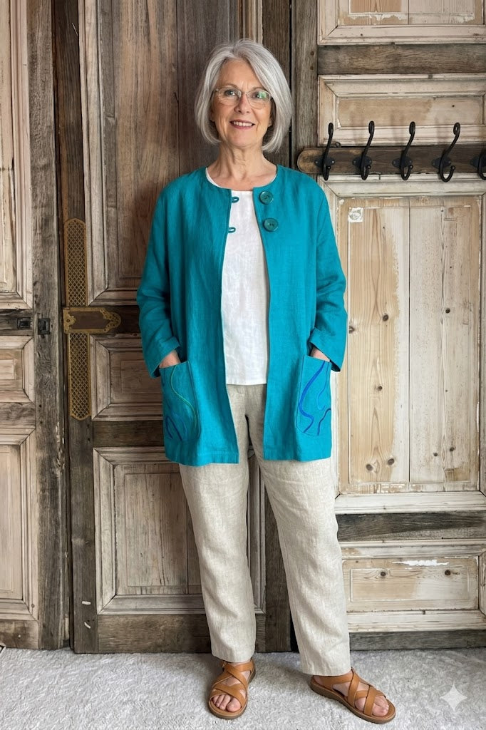 Geesje Sturre - Linnen vest tussenjas 617255 - Turkoois 663 - Maat XL