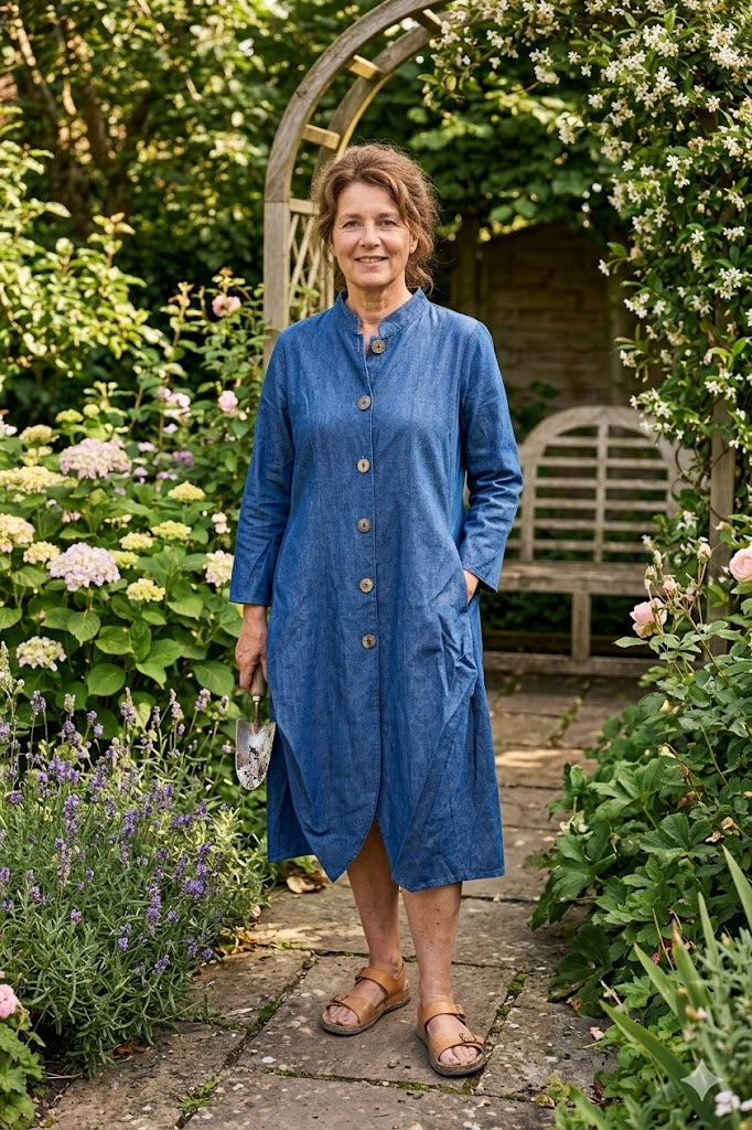 HeArt - Lang linnen jurk/vest Yacka - Denim blue Tussenjas