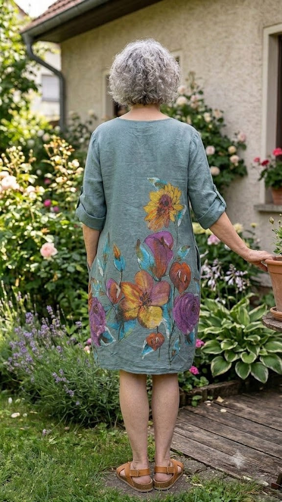 BB Style - Linnen jurk - Zeegroen met bloem