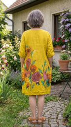 BB Style - Linnen jurk - Warm geel met bloem