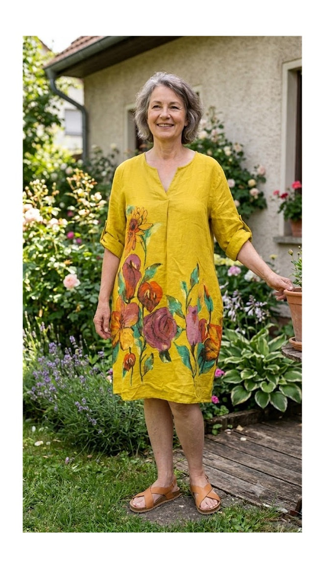 BB Style - Linnen jurk - Warm geel met bloem