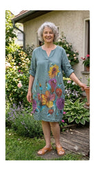 BB Style - Linnen jurk - Zeegroen met bloem