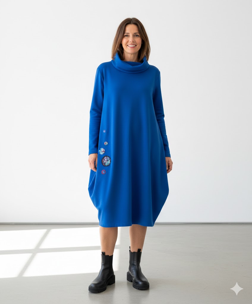 Geesje Sturre - Jurk luxe wolblend met Viltkunst - Koningsblauw