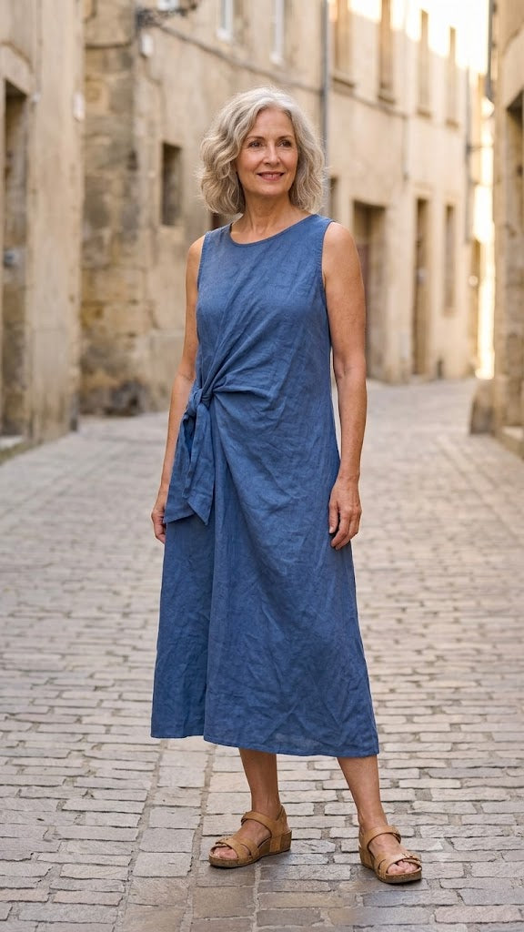 BB Style - Mouwloze Linnen jurk strik - Jeansblauw