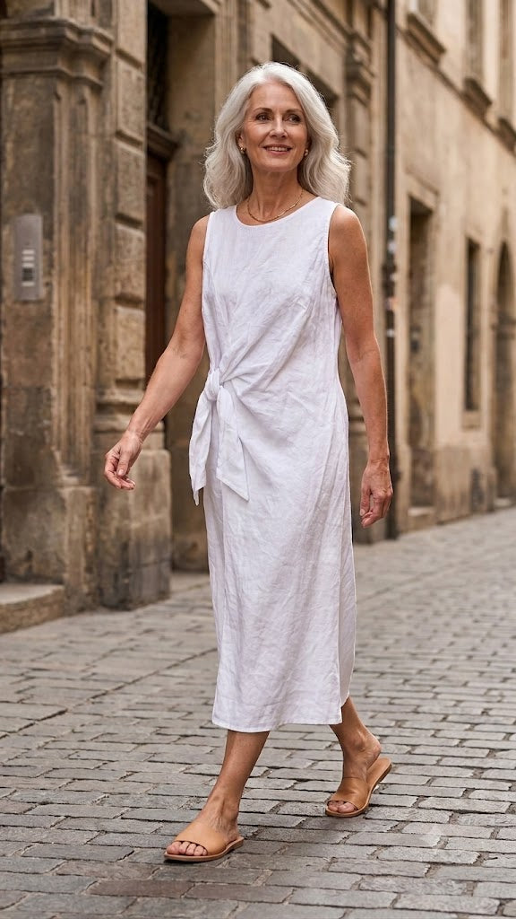 BB Style - Mouwloze Linnen jurk strik - Wit