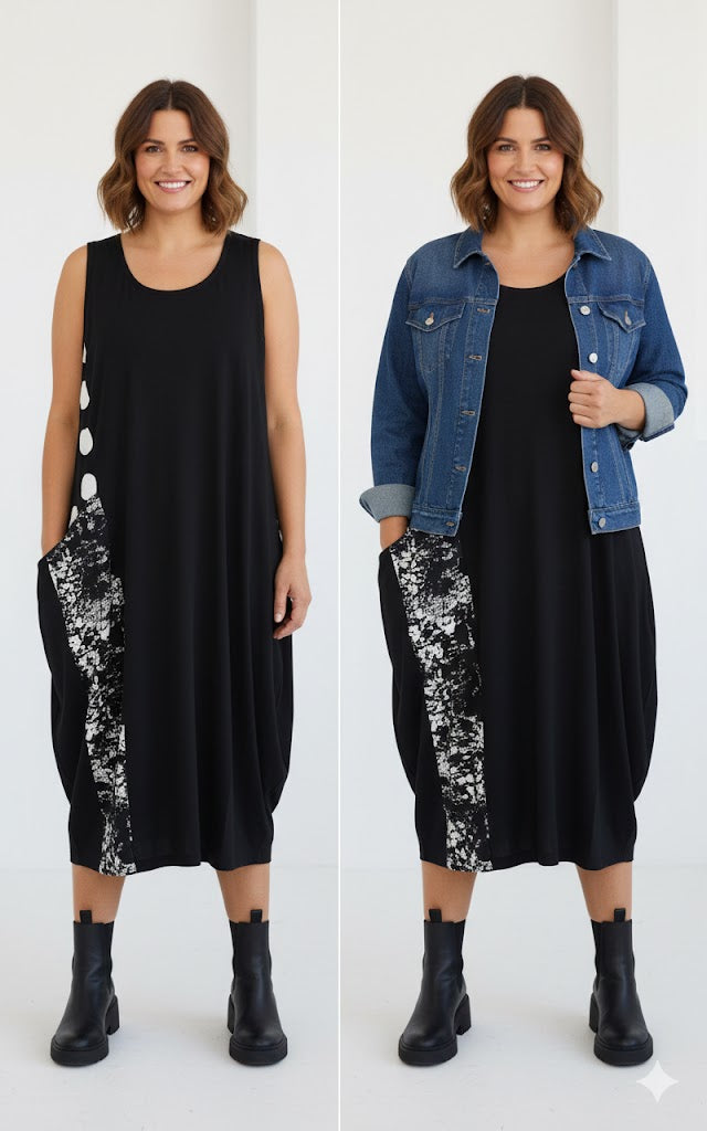 Alembika - Mouwloze Jurk - Black White - Maat 2