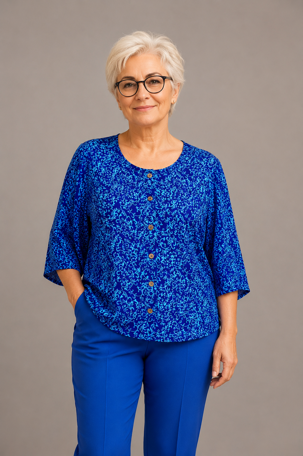 Normal Crazy - Blouse Botton Batik - Kobalt bloem