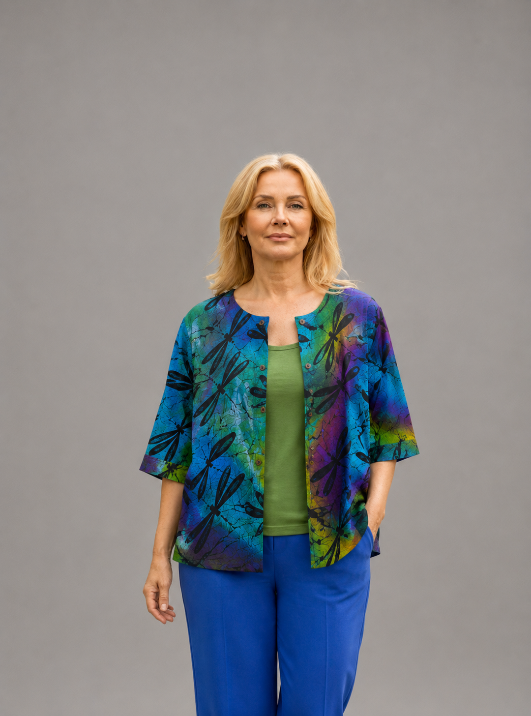 Normal Crazy - Blouse Botton Batik Libelle - Blauw/lime/paars