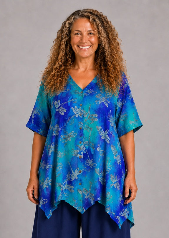 Normal Crazy - blouse Dinie korte mouw - Blauw zilvergrijze libellen