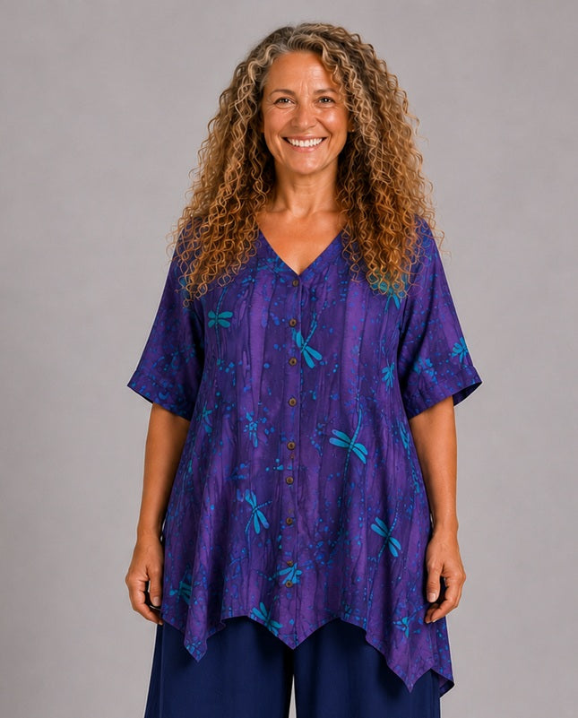 Normal Crazy - blouse Dinie korte mouw - Paars met Libellen