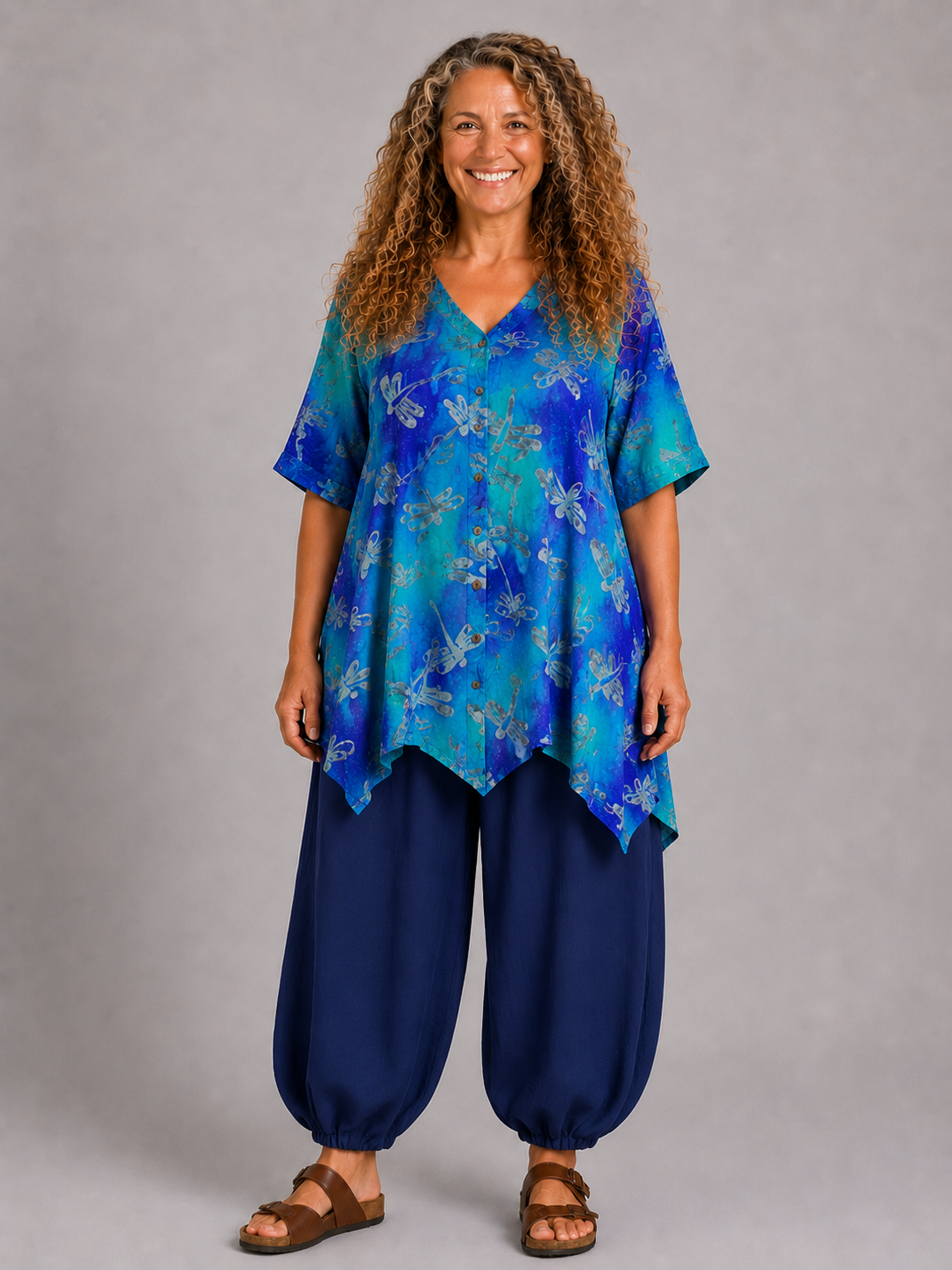 Normal Crazy - blouse Dinie korte mouw - Blauw zilvergrijze libellen