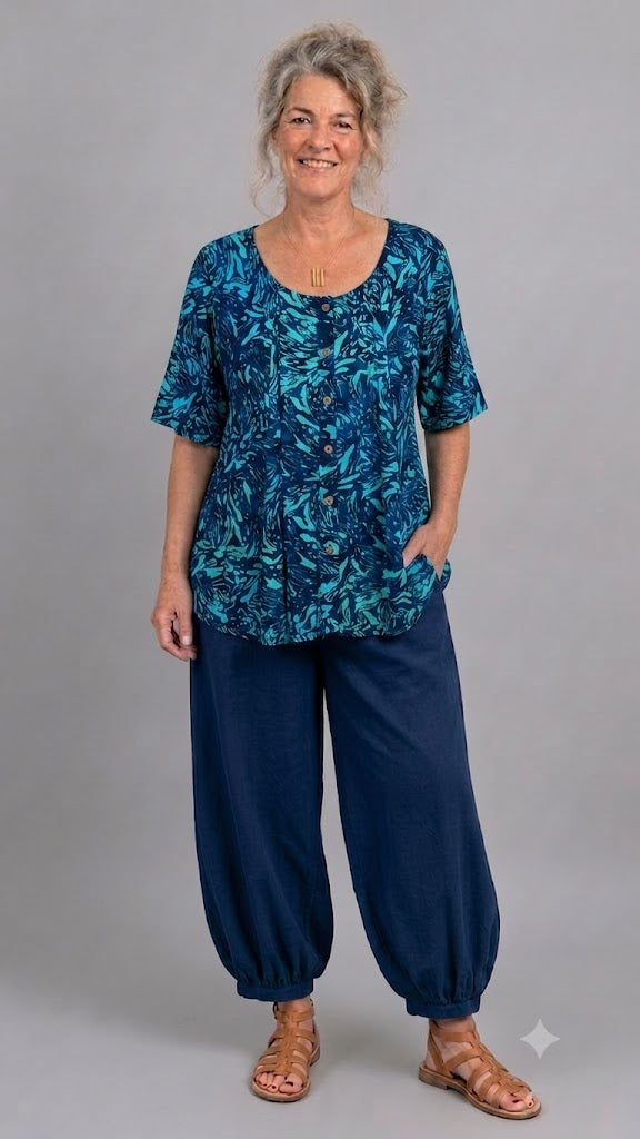 Normal Crazy - Blouse New Moza korte mouw - Batik Blauw/Turkoois