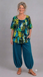 Normal Crazy - Blouse New Moza korte mouw - Batik Blauw/geel/groen bloem