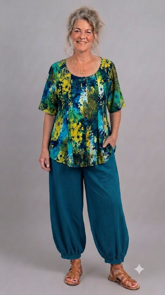 Normal Crazy - Blouse New Moza korte mouw - Batik Blauw/geel/groen bloem