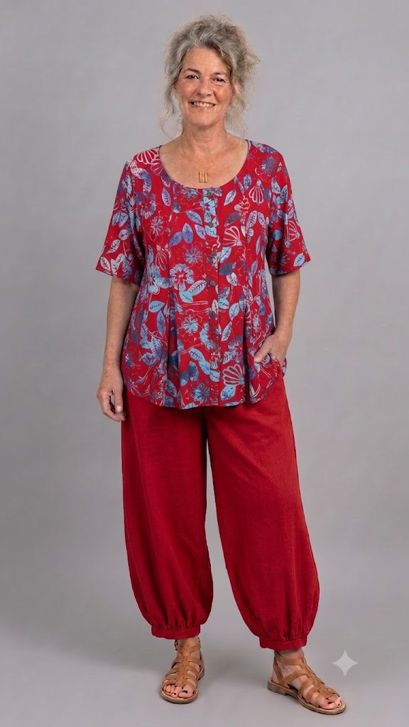 Normal Crazy - Blouse New Moza korte mouw - Batik Rood/blauw