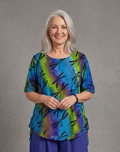 Normal Crazy - Top Nyoman Batik - Blauw/lime met libellen