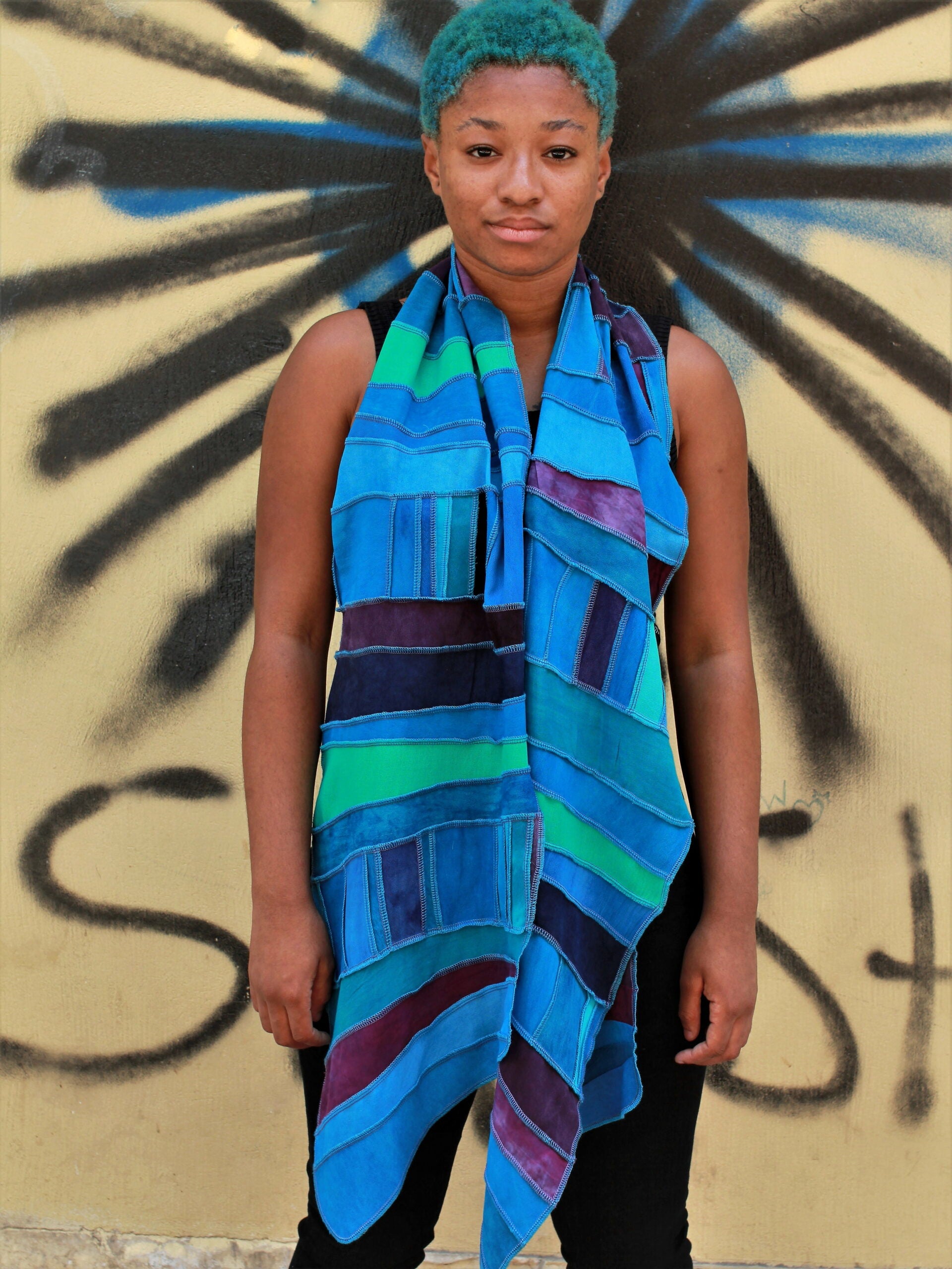 Liz & Joe - Viscose sjaal  - Patchwork baantjes, blauw en paars tinten