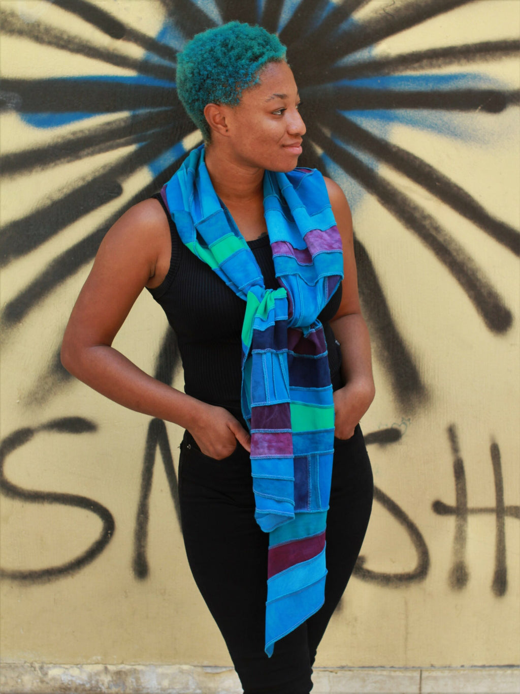 Liz & Joe - Viscose sjaal  - Patchwork baantjes, blauw en paars tinten