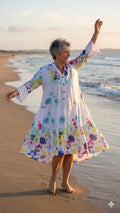 BB Style - Linnen jurk midi wit V hals -bloem