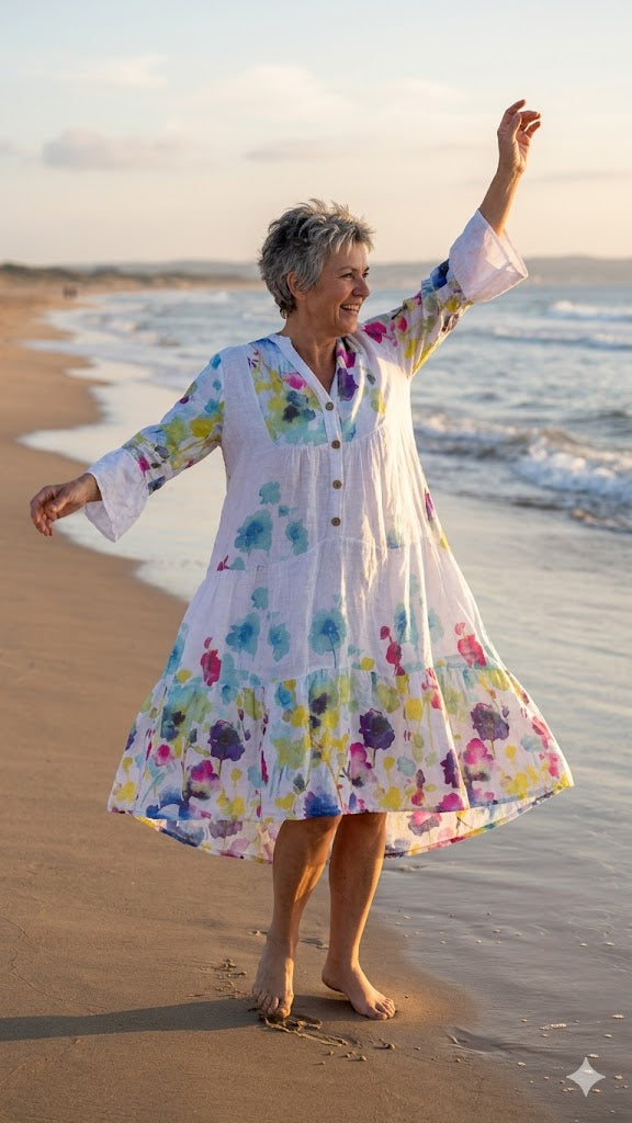 BB Style - Linnen jurk midi wit V hals -bloem