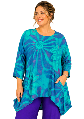 Luna Serena - Tuniek Loes - print bloem - 07 Turkoois/paarsblauw