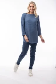 ORIENTIQUE - Gebreide geribbelde top - Jeansblauw