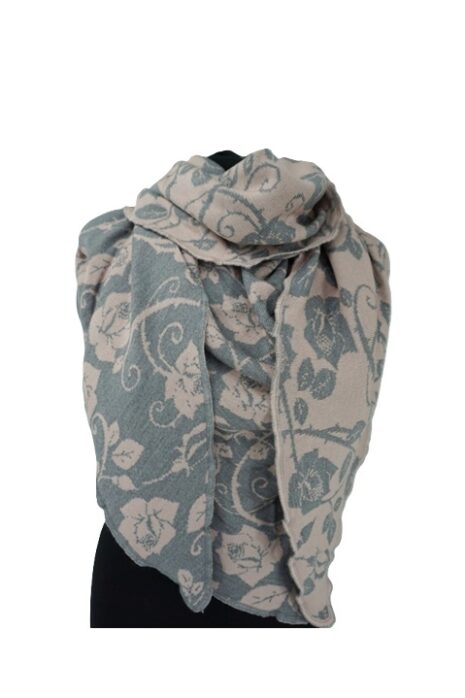 Invero Rosenmuster – Driehoekige Merino omslagdoek Aurora 100% wol – Grau/Rose