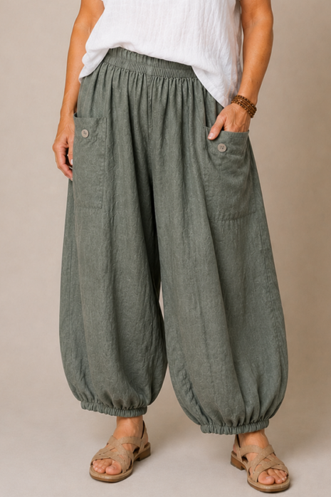 BB Style – Linnen broek zakken met knoop – Grijsgroen