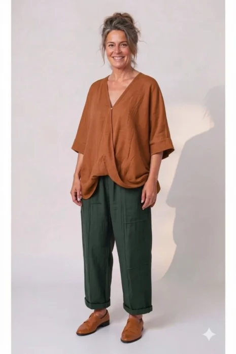 BB Style – Oversized Linnen “Cross over” blouse – Roestbruin