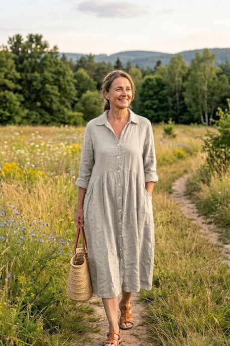 BB style – Linnen doorknoopjurk – Ecru