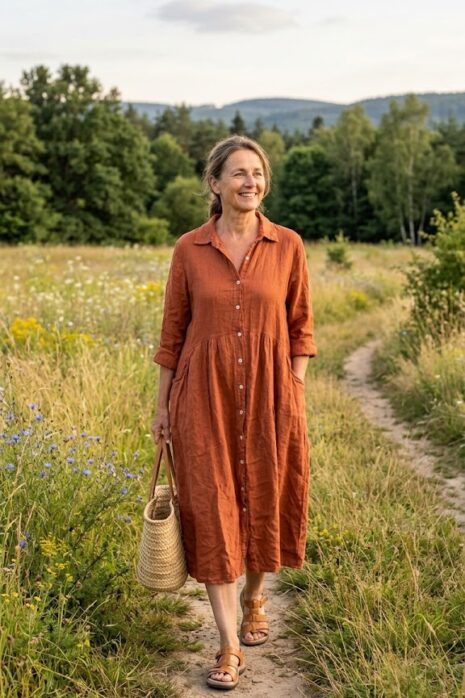 BB style – Linnen doorknoopjurk – Roest