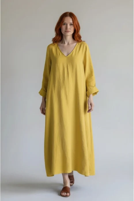 BB Style – Linnen jurk V hals lang mouwen – Okergeel