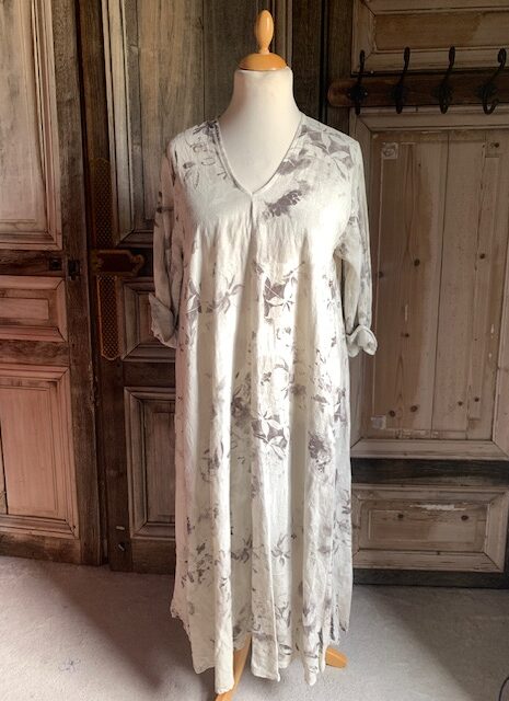 BB Style – Linnen jurk korte mouw – long, bladprint