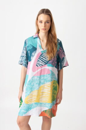 IVKO - V-hals jurk - maximalist tropics pattern - Aqua