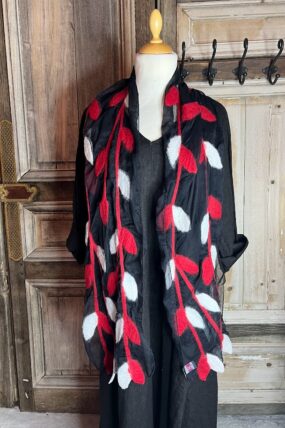 MooiVilt - gevilte sjaal - Zwart rood/wit blad